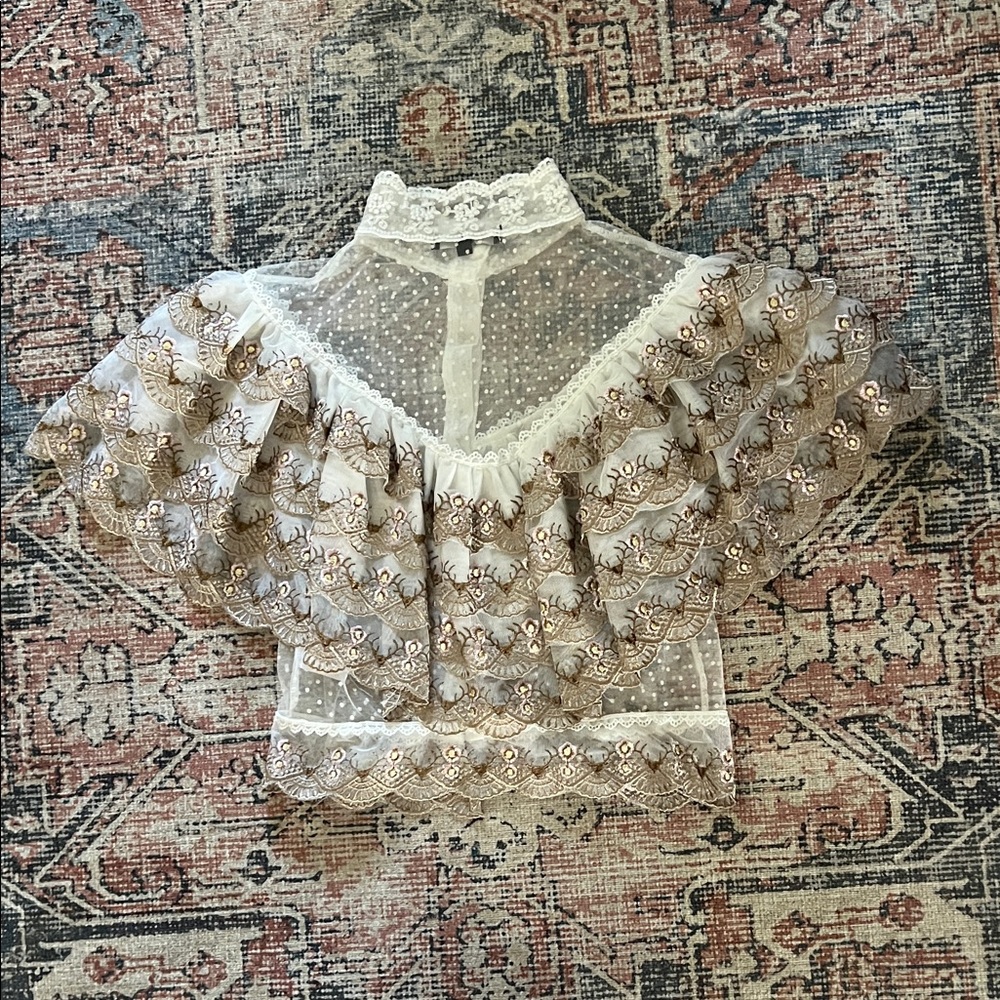 BEULAH Style Victorian-Inspired White Lace Blouse with Golden Embroidery Size: S - Picture 9 of 13